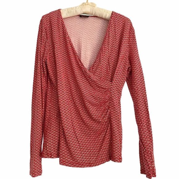Talbots Red White Geo Print Soft Faux Wrap Top S - Picture 1 of 6